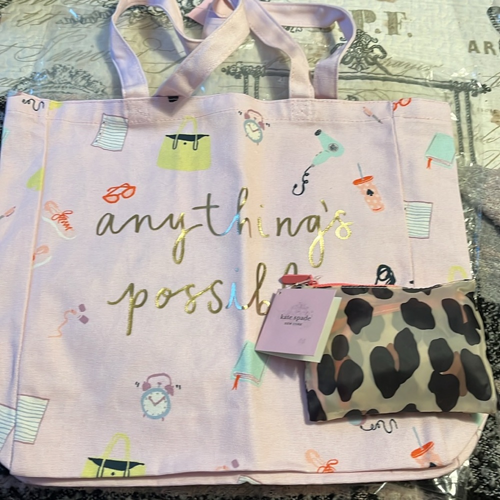 Pair of Kate Spade bags. Animal print fold away bag and pink tote bag. NWT